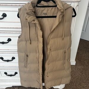 ZARA Hooded Quilted Long Puffer Vest - Beige with Gold Hardware